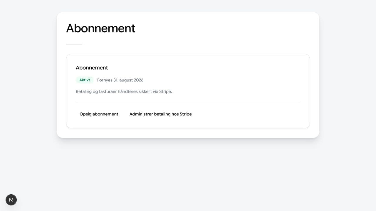 Abonnementsside med aktiv status, fornyelsesdato og administrationsknapper