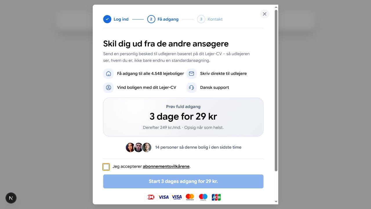 BoligButlers betalingsmodal med prøveperiode, fornyelsespris og abonnementsvilkår