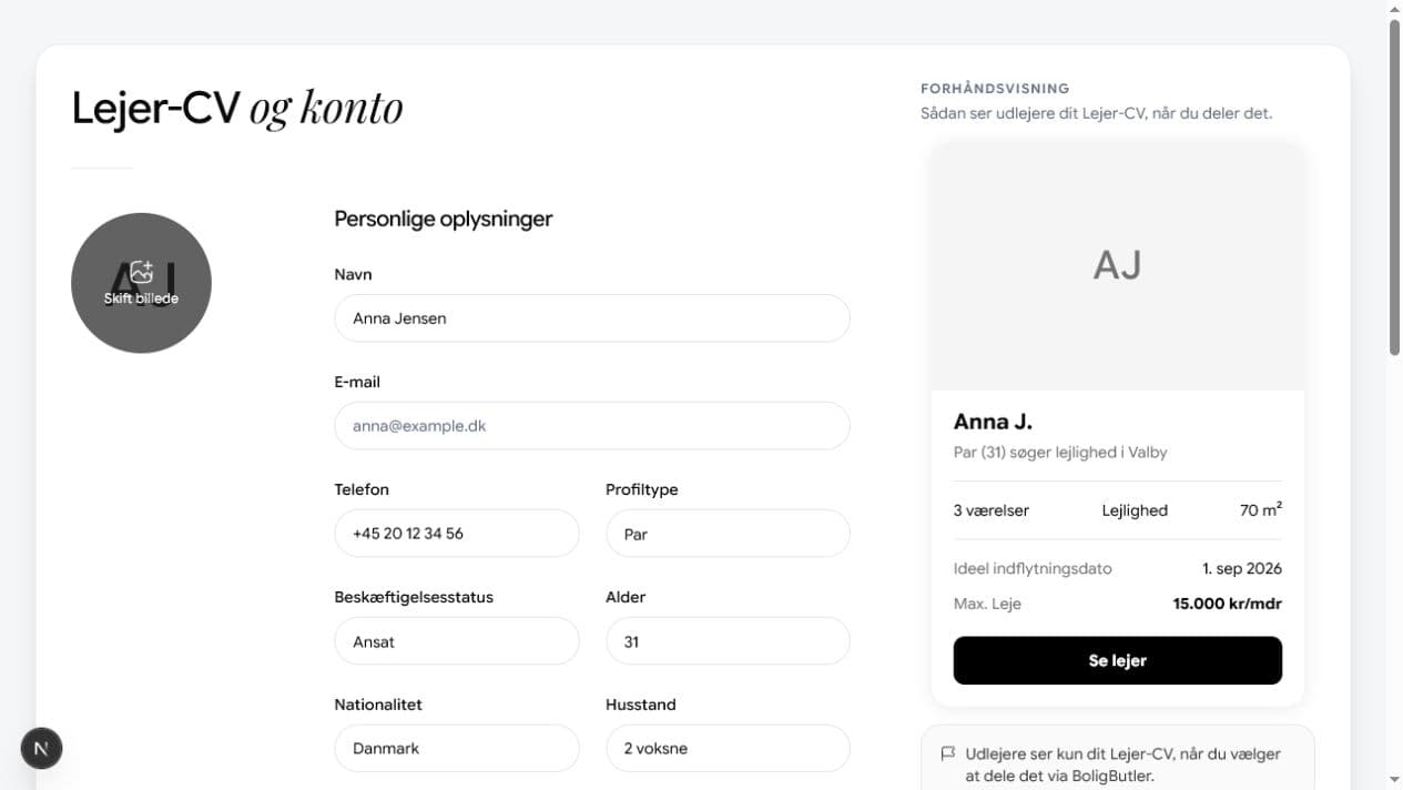 Profil najemcy z formularzem po lewej i podglądem na żywo po prawej
