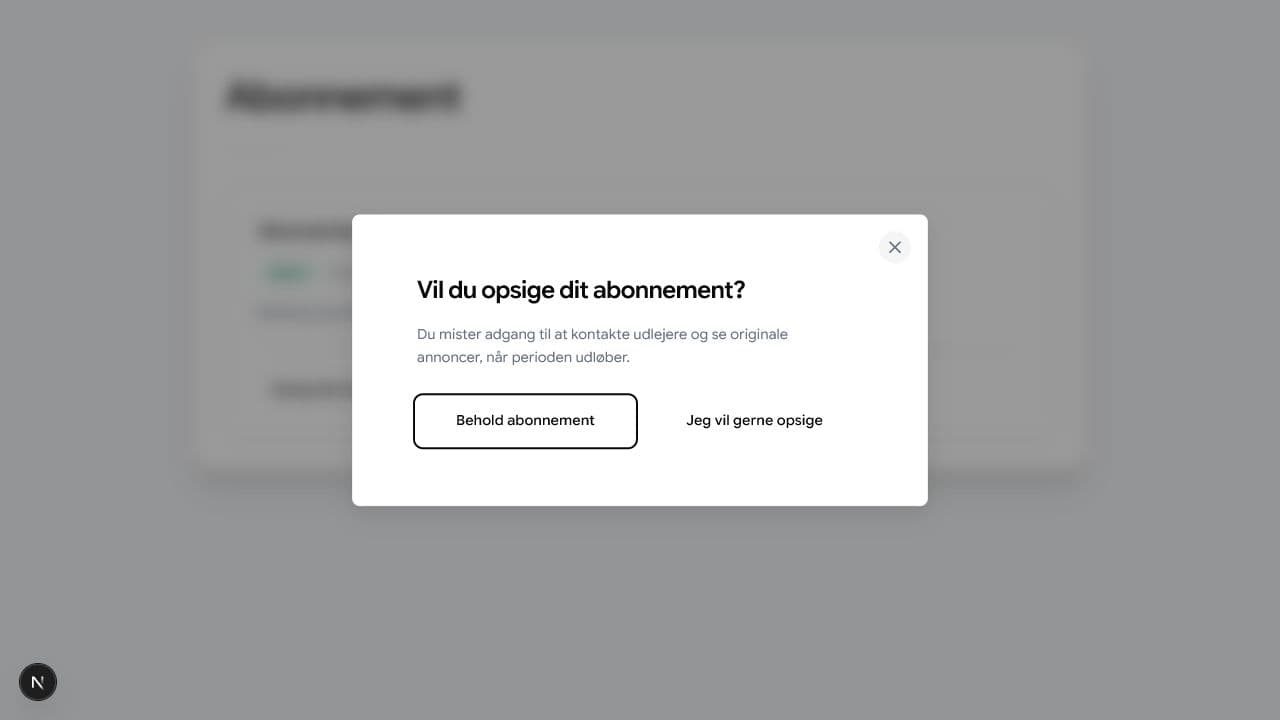 Abonnementssiden med mulighed for at opsige abonnementet