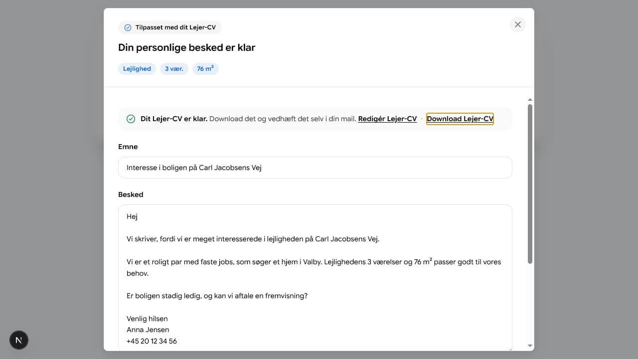 Beskededitoren til kontakt med en udlejer