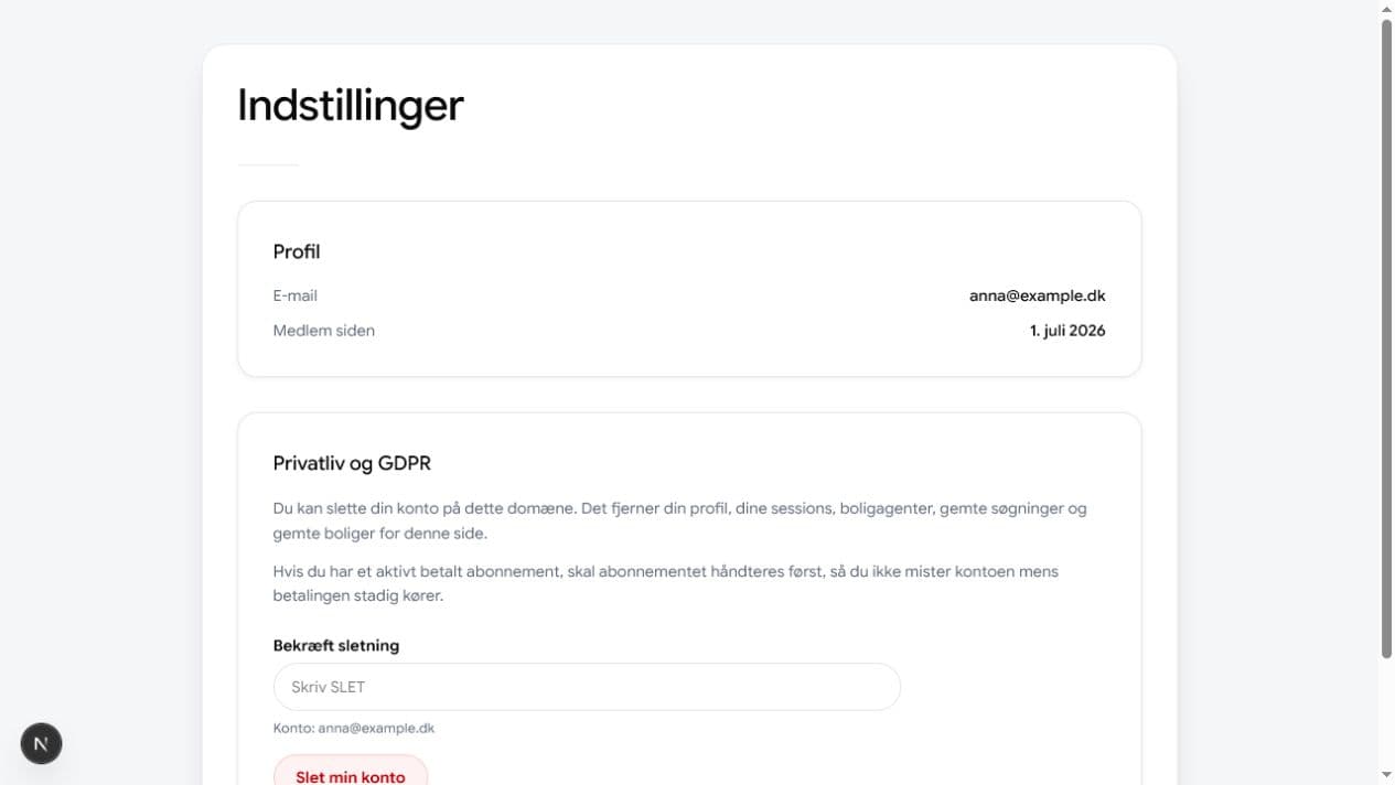 Privatliv og GDPR med bekræftelsesfelt og knappen Slet min konto